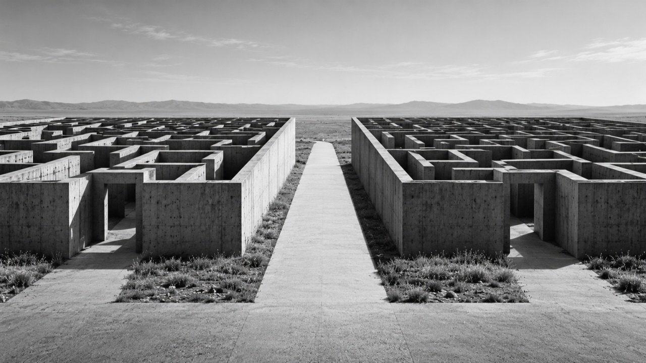 Two concrete mazes with a straight path between them